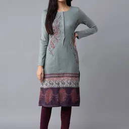 W Women Teal Ethnic Motifs Printed Thread Work Kurta-image-97