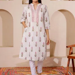 VASVI Floral Printed Mandarin Collar Cotton Straight Kurta-picture-21