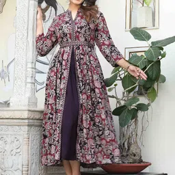 DARVIKAA COLLECTION Floral Printed V Neck Thread Work Anarkali Kurta image 1