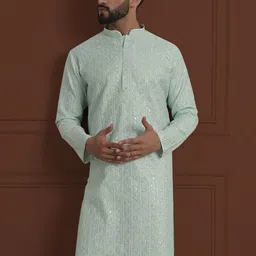 SOJANYA LUXE Floral Embroidered Sequinned Mandarin Collar Cotton Silk Straight Kurta-picture-10