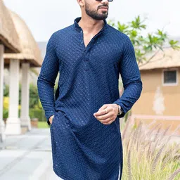 FoxDX Men Geometric Flared Sleeves Thread Work Kurta-picture-17