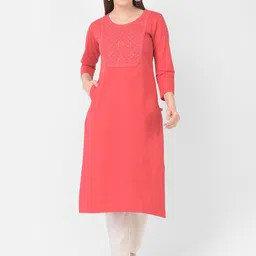 Span Round Neck Three-quarter sleeves Yoke Design Thread Work Cotton Straight Kurta image 1
