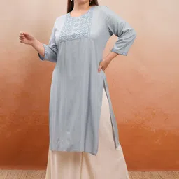 Vishudh Plus Size Grey Floral Yoke Design Thread Work Straight Kurta-picture-38