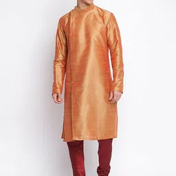 here&now x sanwara Sanwara Men Orange Solid Art Silk Straight Kurta-picture-36