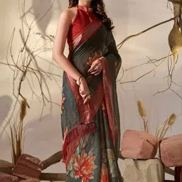 HERE&NOW Floral Pure Linen Fusion Saree image 5