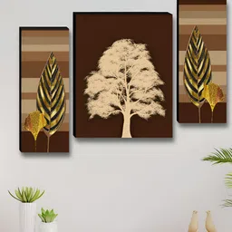 Aura Cream & Green 3 Pieces Floral And Botanical Printed Wood Wall Art image 2