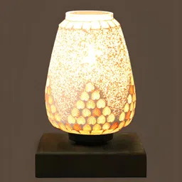 Aura White & Gold Toned Textured Bell Shaped Glass Table Lamp with Wooden Base image 5