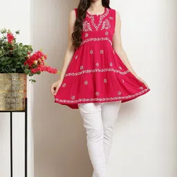 FIIZA Ethnic Motifs Embroidered Thread Work Handloom Thread Work Tiered Kurti image 2