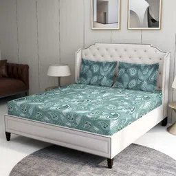 BOMBAY DYEING Green & White Floral 100 TC Queen Bedsheet with 2 Pillow Covers-image-78