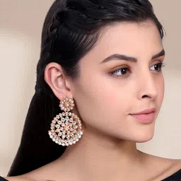 Peora Rose Gold-Plated Kundan Studded & Beaded Circular Shaped Drop Earrings image 3