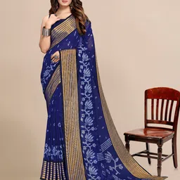 Mitera Navy Blue & Gold-Toned Batik Zari Pure Chiffon Banarasi Saree-image-24