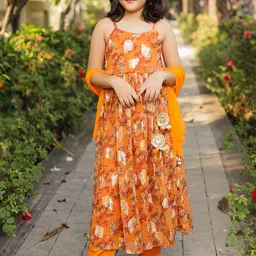 PICCOLO Girls Orange Floral Printed Empire Silk Chiffon Kurta with Trousers & With Dupatta-picture-57