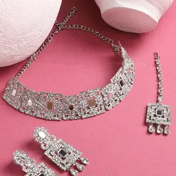 Bhana Fashion Silver-Plated & White American Diamonds Studded Jewellery Set-image-12