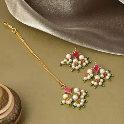 Ruby Raang Girls Gold-Plated Kundan-Studded & Pearls Beaded Tear Drop Shaped Jewellery Set-picture-29