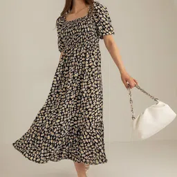 FIXOCRA Women Floral Printed Puff Sleeve A-Line Midi Dress-picture-26