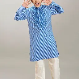 Bittu By Bhama Boys Striped Thread Work Mandarin Collar Kurta with Pyjamas-image-18