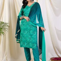 Katn India Women Floral Printed Regular Thread Work Kurta with Trousers & With Dupatta-image-55