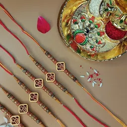 Anouk Set Of 6 Stones Studded & Beaded Om Rakhi Greeting Card & Pooja Thali-picture-21