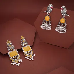 Sangria Set Of 2 Silver-Plated Artificial Stones Studded and Beads Beaded Drop Earrings-picture-39