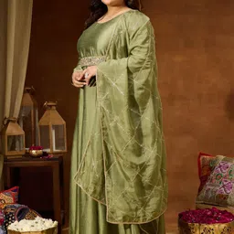 Janasya Women's Plus Size Sage Green Silk Blend Embellished Gown with Dupatta image 2