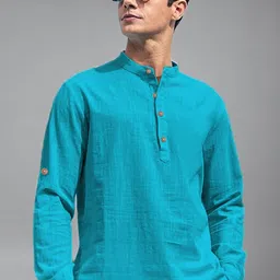 APEKTRA Cotton Mandarin Collar Roll-Up Sleeves Straight Short Kurta-picture-23