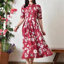 DECKEDUP Crimson Floral Printed Mandarin Collar Fit & Flare Cotton Midi Dress-picture-15