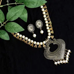 JOHARKAMAL Gold-Plated Pearls Beaded Oxidised Necklace & Earrings-picture-27