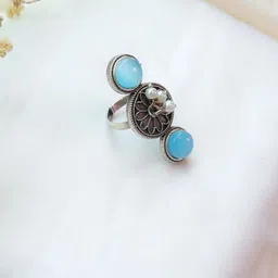 PUTSTYLE Sliver Plated Artificial Stones Studded & Beaded Oxidised Finger Ring image 3