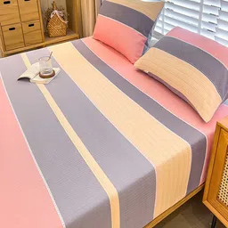 JC HOME Pink & Grey Striped 220 TC King Bedsheet with 2 Pillow Covers image 5