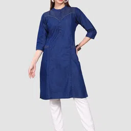 SK Creation Striped Printed Denim Straight Kurta image 2