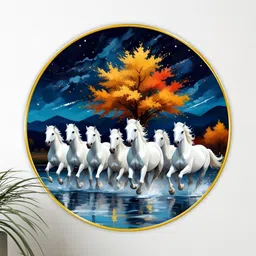 Livin'luxe Blue & White MDF Round Horse Paintings Wall Art-16"-picture-22