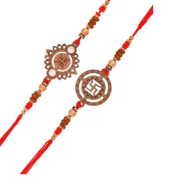 Aapno Rajasthan Set Of 2 Swastik Wooden Beaded Rakhis With Roli Chawal & Greeting Card image 2