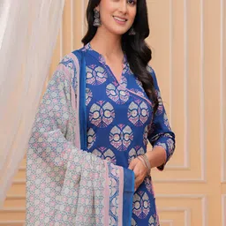 AFFO Women Ethnic Motifs Printed Regular Pure Cotton Kurta with Trousers & Dupatta image 2