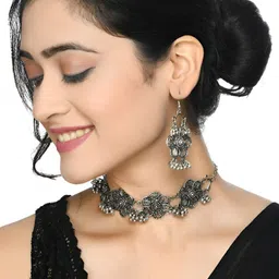 JOHARKAMAL Silver-Plated Ghungroo Beaded Oxidised Choker Necklace With Earrings image 4