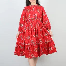 Cutiekins Floral Print Bishop Sleeve Ruffled Fit & Flare Midi Dress-image-56