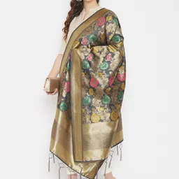 Clora Creation Grey & Green Woven Design Banarsi Silk Dupatta-picture-19