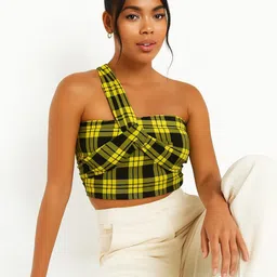 sollobell Women Checked One Shoulder Cotton Fitted Crop Top-image-57