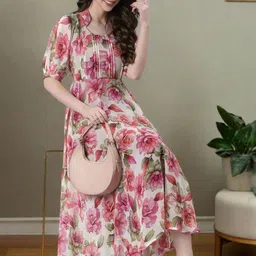 Souchii Floral Print Puff Sleeve Chiffon A-Line Midi Dress image 5
