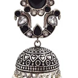 NAMAN ARTS Silver Plated Stones Studded & Beaded Oxidised Dome Shaped Jhumkas image 2
