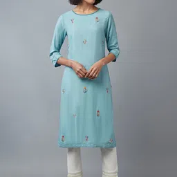 W Women Blue Floral Embroidered Kurta-image-71