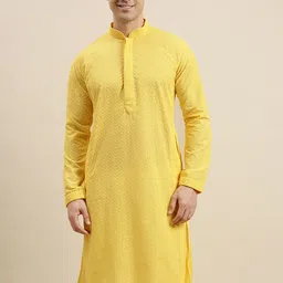 here&now x sanwara Sanwara Men Yellow Chikankari Pastels Long Sleeves Cotton Kurta image 2