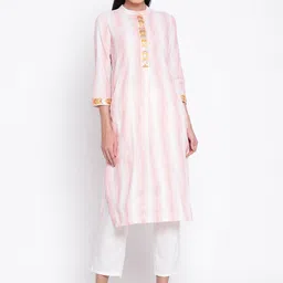 Be Indi Women Mandarin Collar Striped Straight Side Slits Festive Kurta-image-64