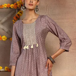 INDYA Ethnic Motifs Printed Mirror Work A-Line Kurti-picture-34