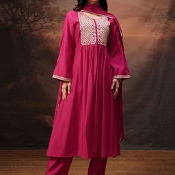 Vishudh Floral Embroidered Round Neck Sequinned Straight Kurta With Trouser & Dupatta-picture-8