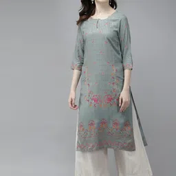 W Women Green Floral Printed Straight Kurta-image-90