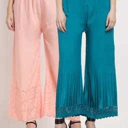 Miaz Lifestyle Women Pack Of 2 Peach-Coloured & Blue Flared Knitted Palazzos-image-78