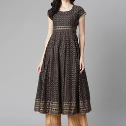 Poshak Hub Women Black & Golden Ethnic Motifs Print Cotton Anarkali Kurta-picture-45