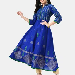 RIYA Ethnic Motifs Printed Mandarin Collar Handblock Pure Cotton Anarkali Kurta-image-91