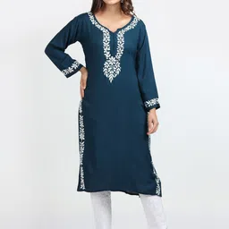 FAWOMENT Women Navy Blue Floral Chikanakri Straight Kurta-picture-12