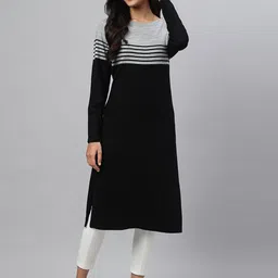 AURELIA Women Black & Grey Striped Kurta-image-48